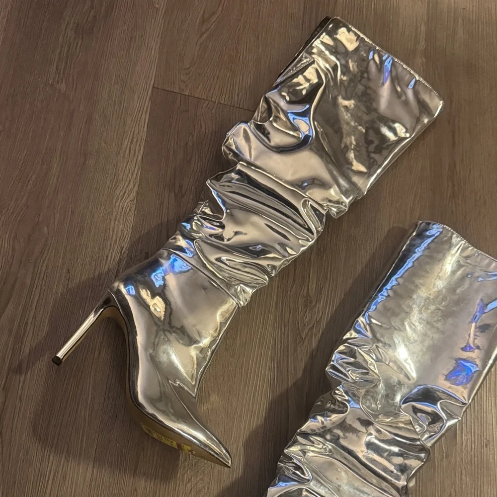 INC Iyonna Slouchy Faux Leather Over The Knee Boots Women's 5M Silver Side Zip